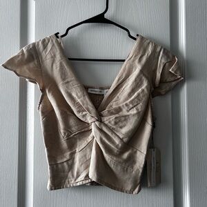 BNNU Linen Blend Beige Twist-Front Crop Top